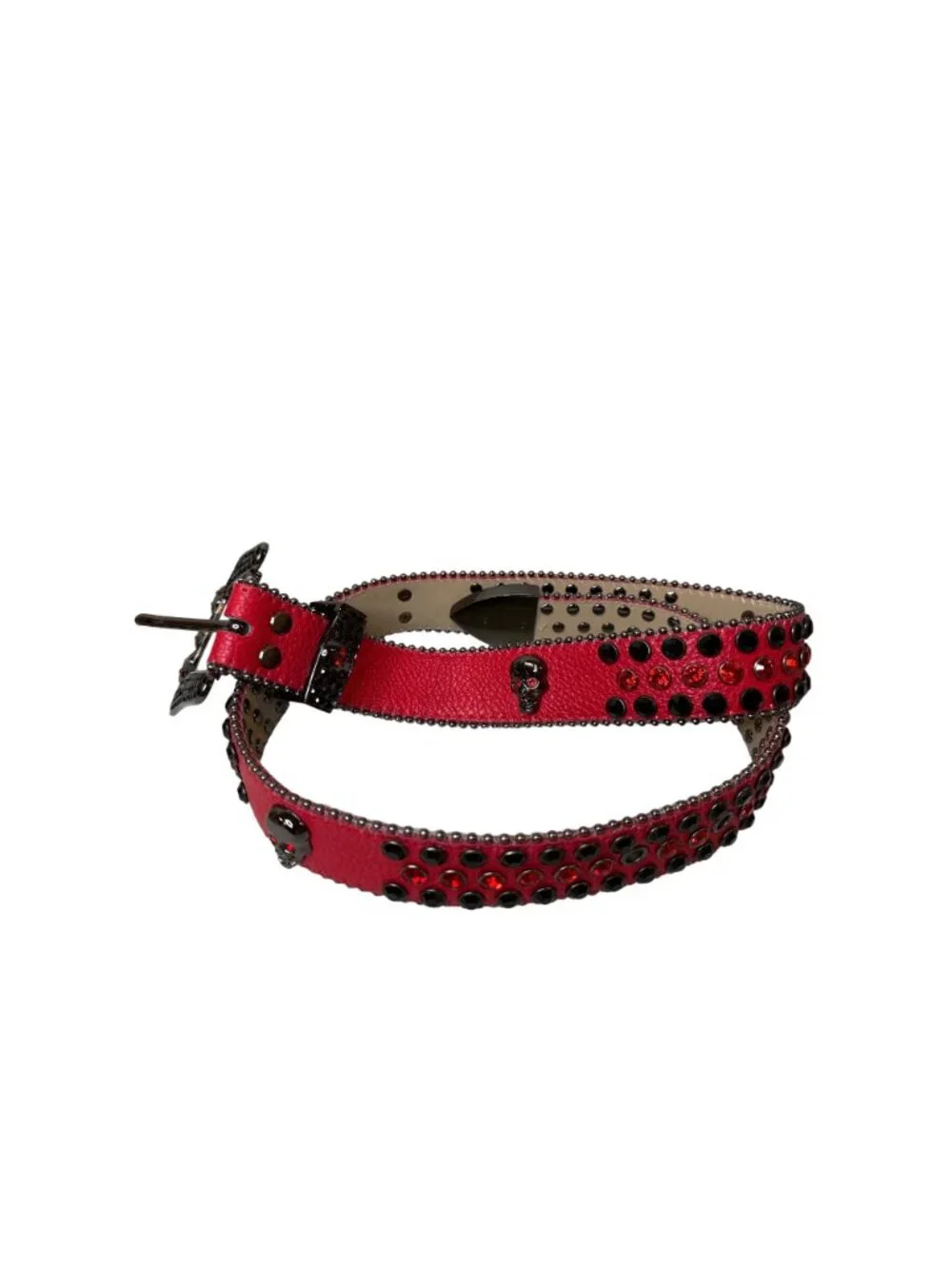 Red Leather Studded Skull Belt – Gothic Rhinestone Buckle Biker Statement Belt 4